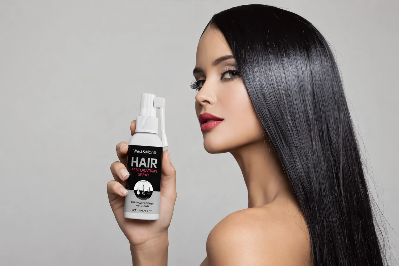 Model rambut hitam berkilau memegang produk