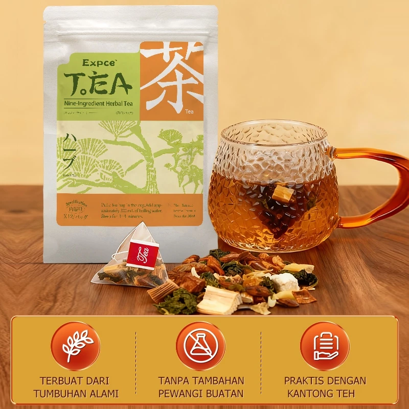 Teh Herbal 9 Bahan Alami dengan gelas teh dan bahan herbal