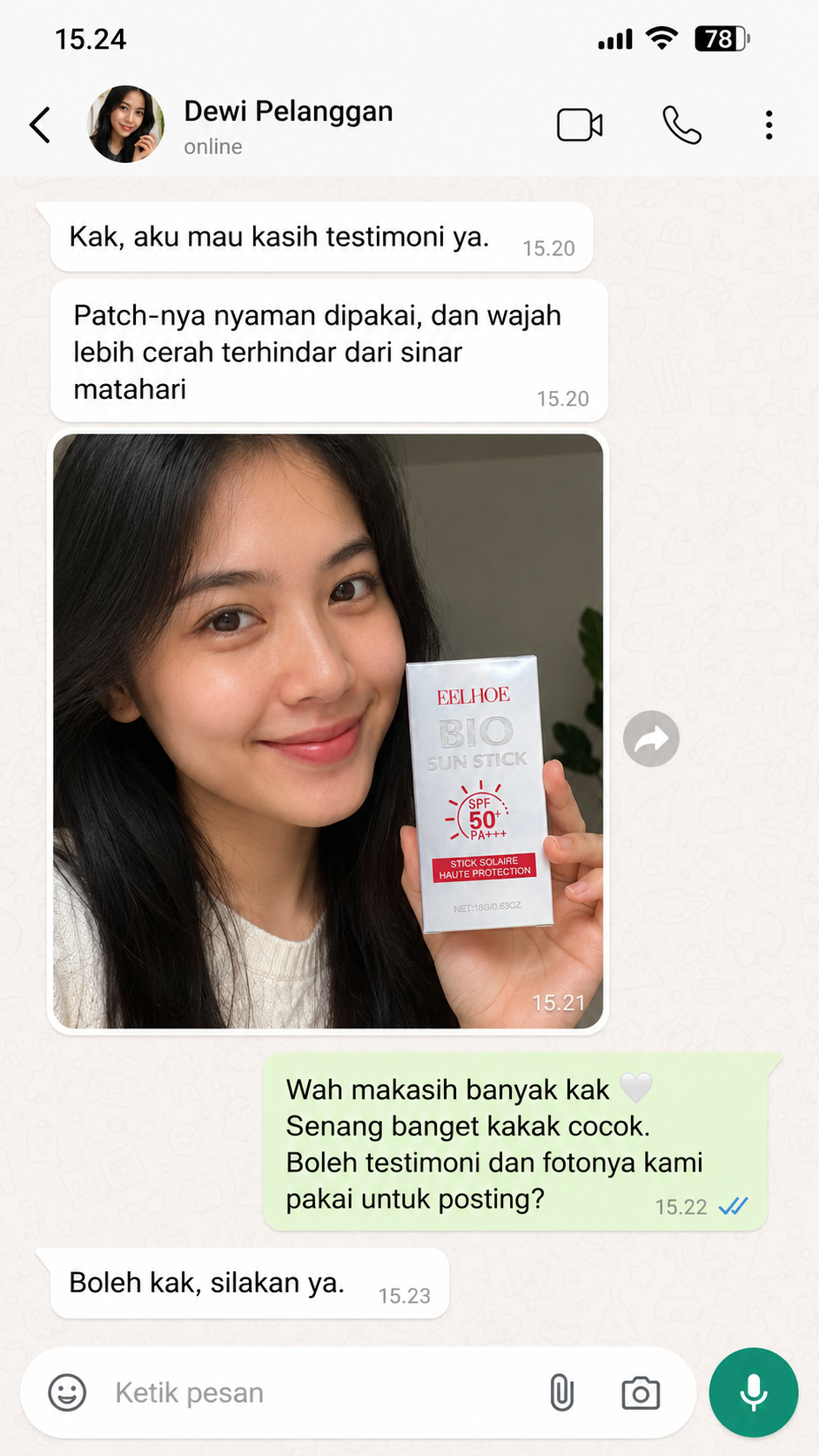 Testimoni customer EELHOE Bio Sun Stick